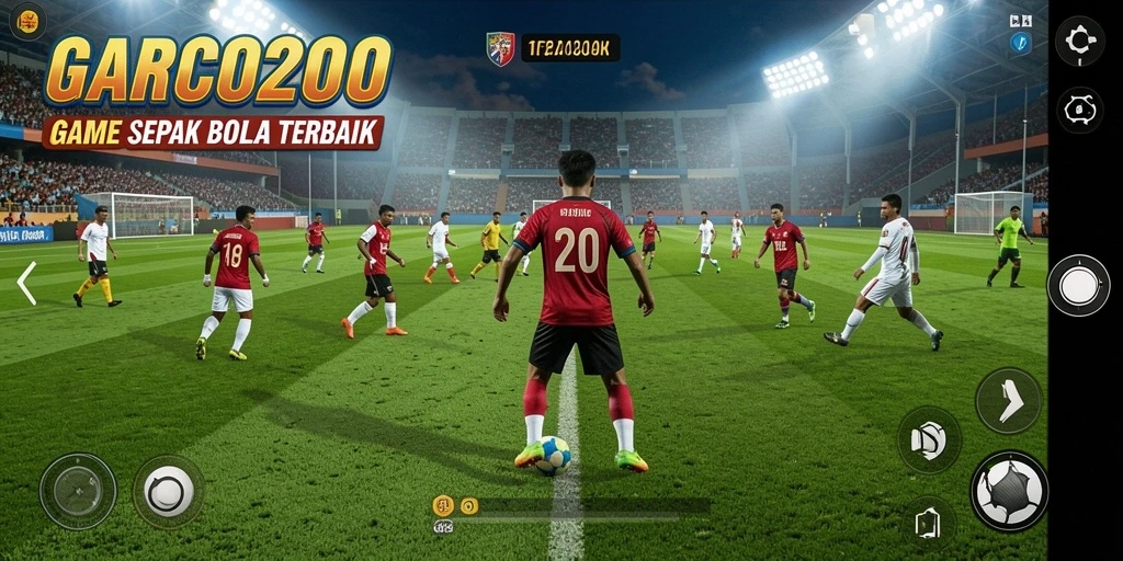 Screenshot gameplay GARCO200 menampilkan aksi seru di lapangan sepak bola.