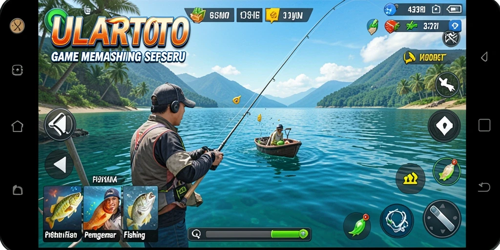 Tangkapan layar ULARTOTO menampilkan aksi memancing yang mendebarkan dan pemandangan laut yang indah.